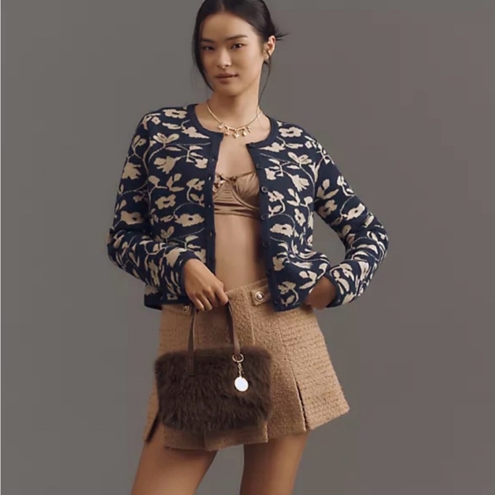 NVLT Navy and Cream Floral Knit Cropped Jacket